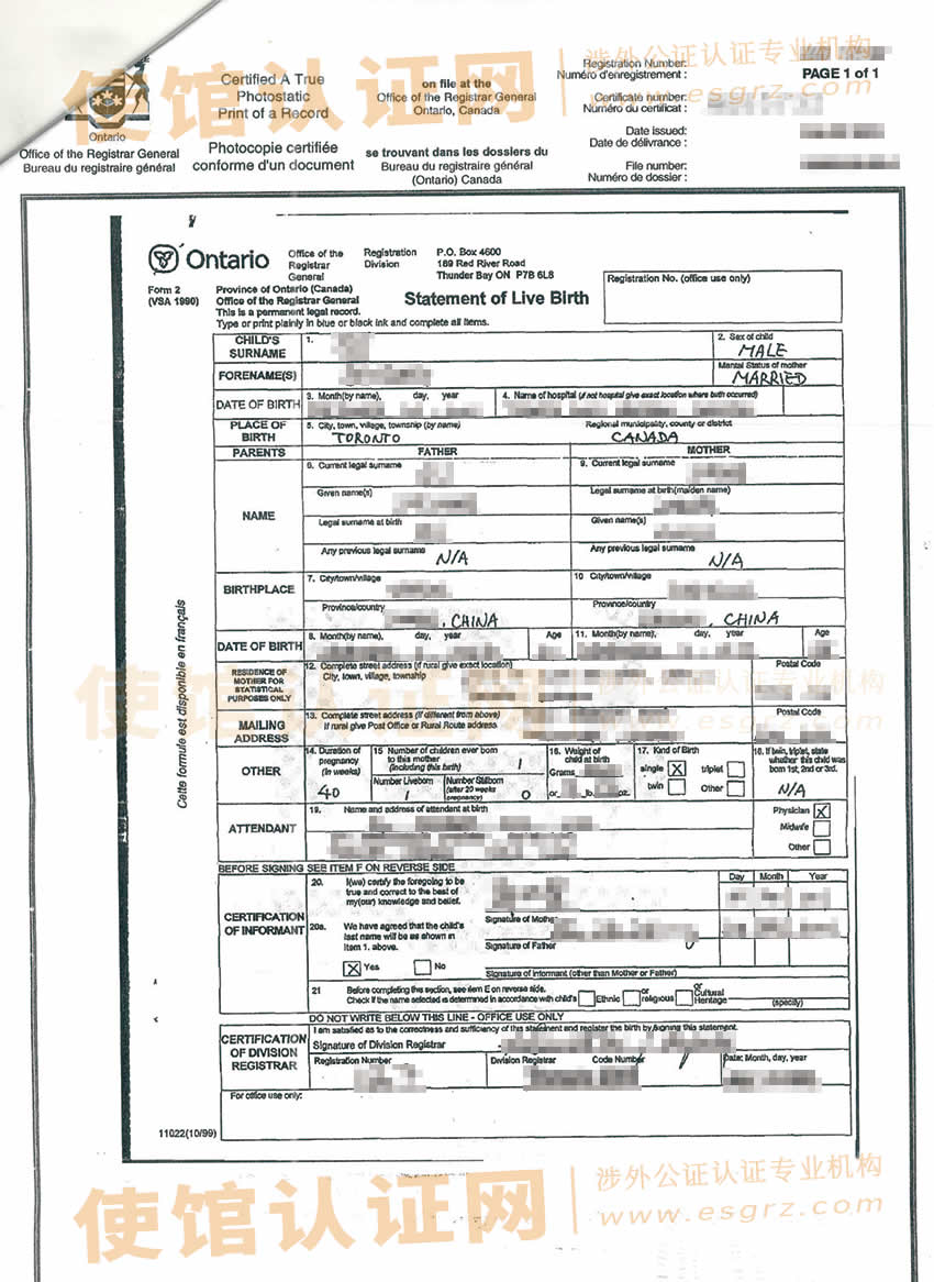 加拿大出生证翻译公证海牙认证样本