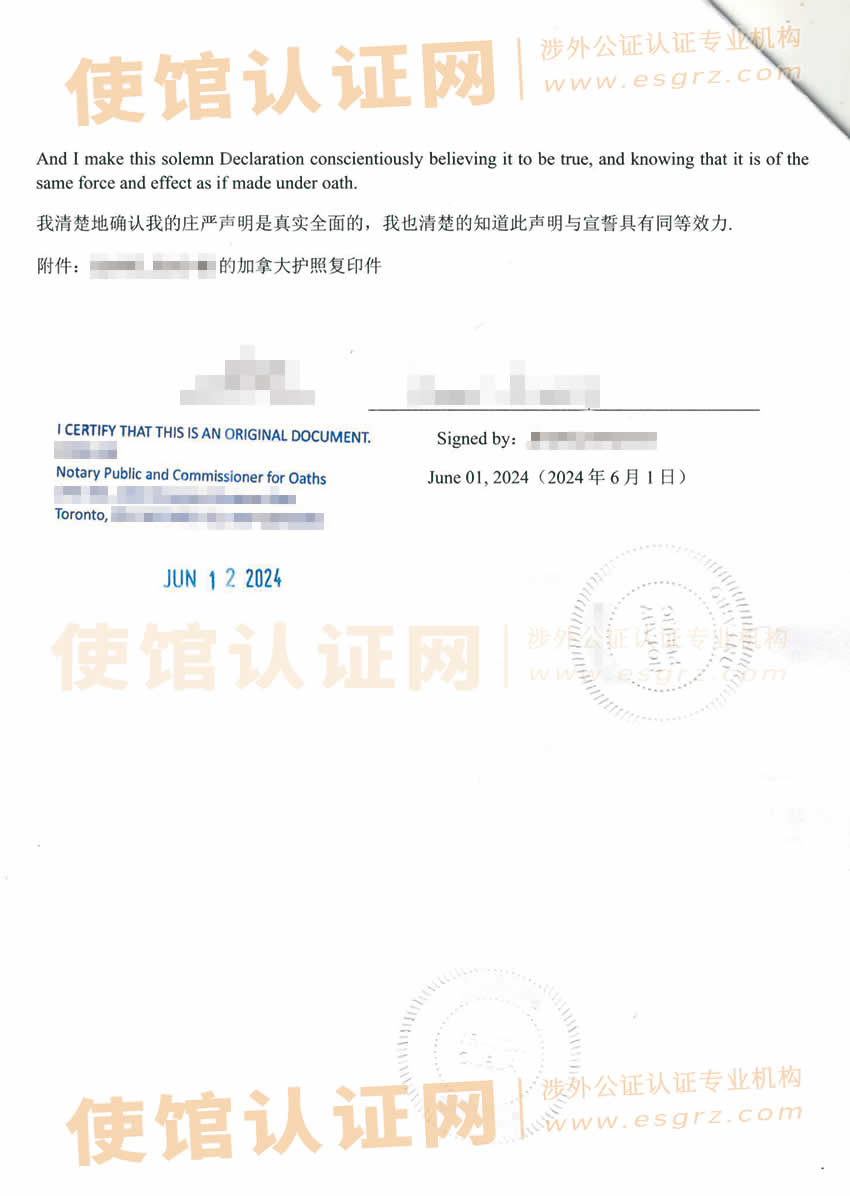 人在中国办理加拿大单身声明海牙认证用于中国内地结婚所得样本